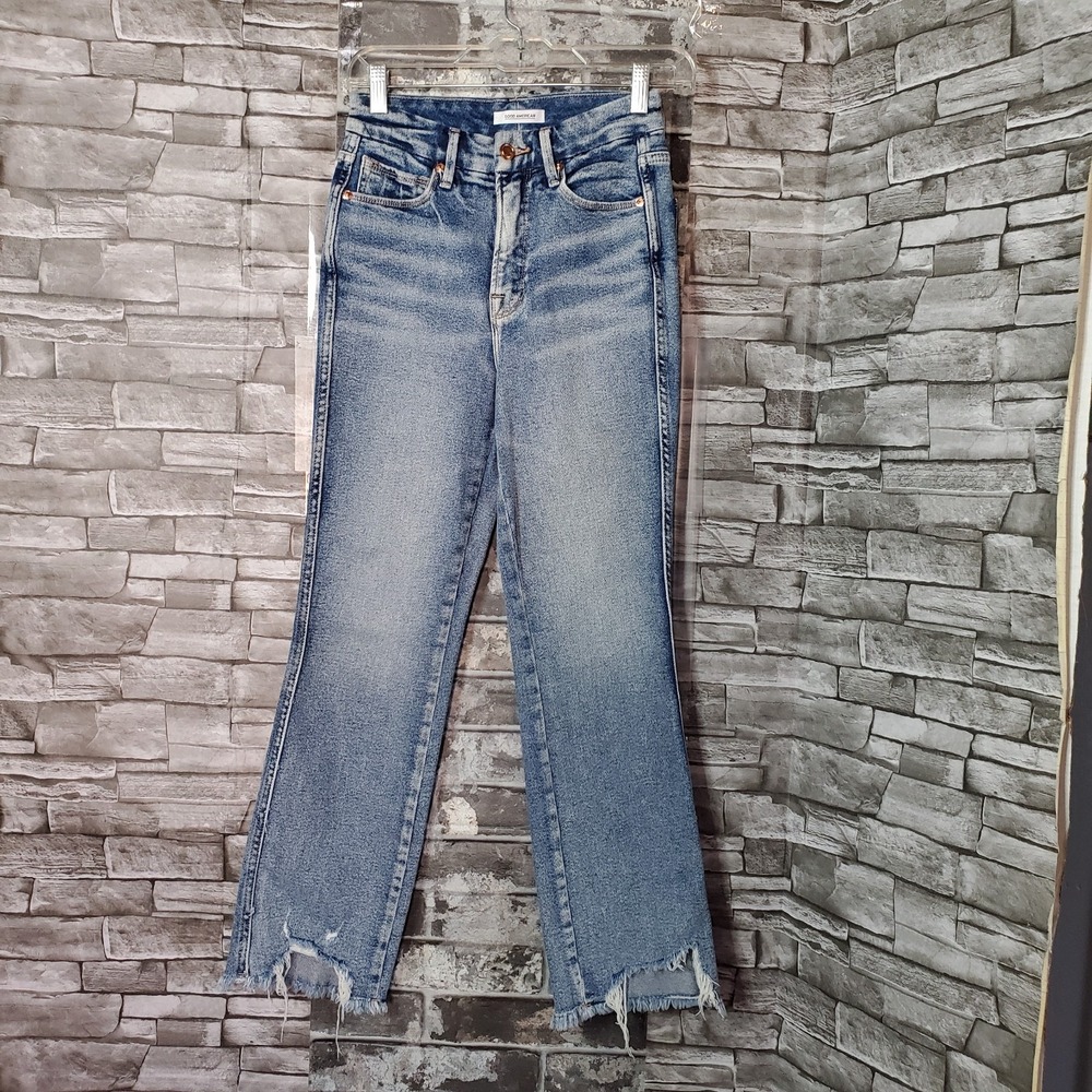 Good American Good Curve Straight Fray Hem Blue Denim Jeans High-rise Size 2